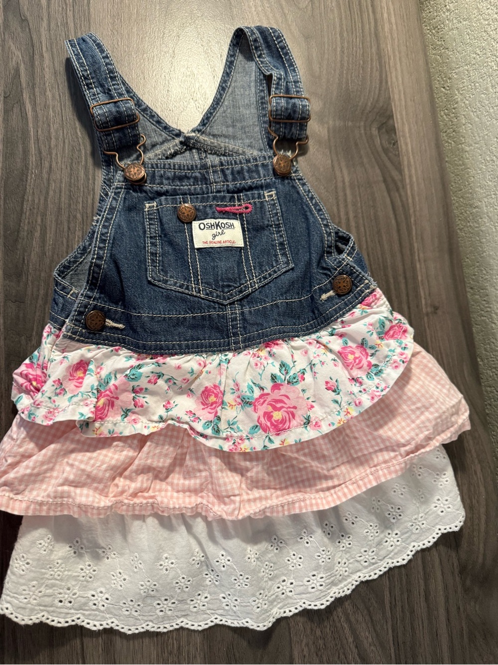 OshKosh Girl Denim Floral Gingham Overall Dress - Blue, Pink, White 3T